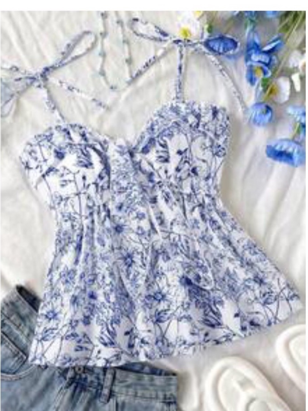 White and Blue Floral Sweetheart Tie-Strap Peplum Tank